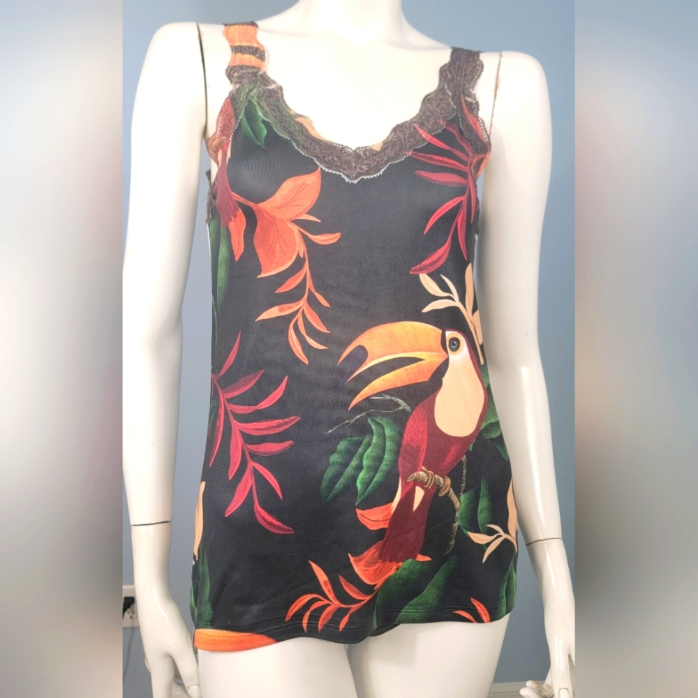 Energia Natural jersey lace trim tank top tropical tucane print size medium